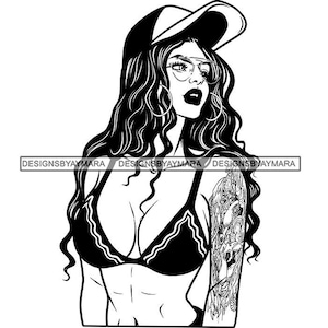 Woman Baseball Cap Hat Bra Bikini Top Tatoo Sleeve Eyeglasses Long Hair Black White Illustration Graphic SVG JPG  PNG Cricut Cutting Designs