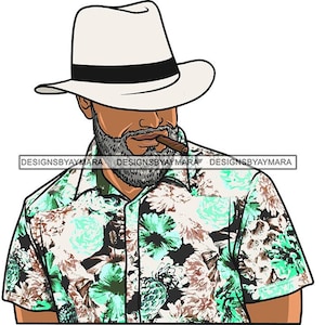 May include: A man wearing a white fedora with a black band, a floral print shirt, and a brown beard. He is holding a cigar in his mouth.