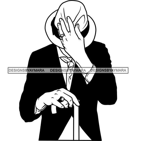 Man Dress Hat Hand Suit Jacket Tie Walking Cane Stick Ring Half Body Head Down Black White Graphic SVG PNG JPG Cutting Designs Print Cricut