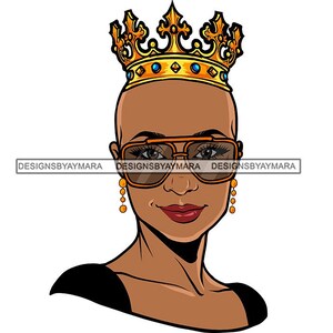 Afro Queen Bald Hairstyle Fashion Glasses Gold Crown Beautiful Melanin Lady African American Woman SVG PNG JPG Cutting Designs Print Cricut