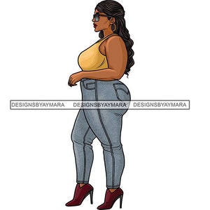Melanin Plus Size Woman Blue Jeans Heels Gold Tank Top Sunglasses Long Curly Hair Illustration Graphic SVG PNG JPG Cutting Designs Cricut