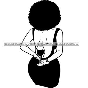 Woman Female Afro Low Back Cut Dress Wine Glass Champagne Back View Half Body Watch Black White SVG PNG JPG Cutting Designs Print Cricut