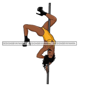 Pole Dance Black Woman Upside Down On Pole Black Platform Shoes Gold Leotard Legs Graphic Illustration Vector SVG PNG JPG Cutting Files