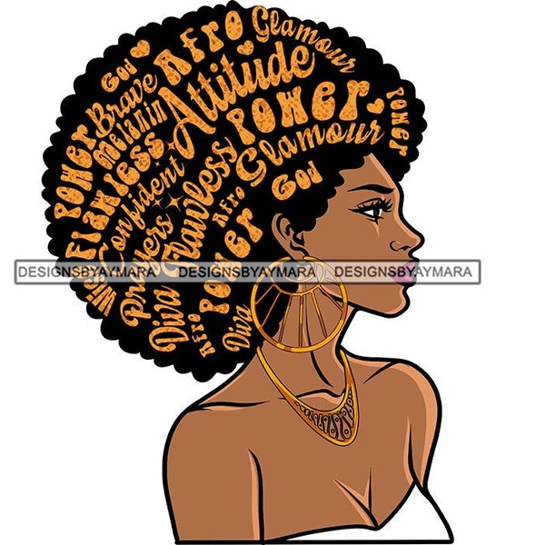 Black Woman Afro Gold Words Attitude Brave Flawless Glamour God Melanin Peace Earrings Necklace  SVG PNG JPG Cutting Designs Print Cricut