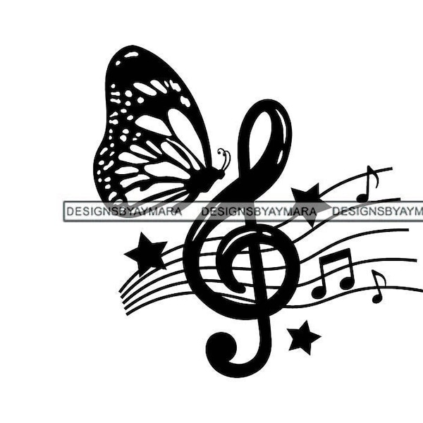 Clef Note Music Notes Butterfly Music Score Stars Tattoo Sheet Music Art Treble Key Musical Symbol Illustration Graphic Vector  SVG PNG JPG