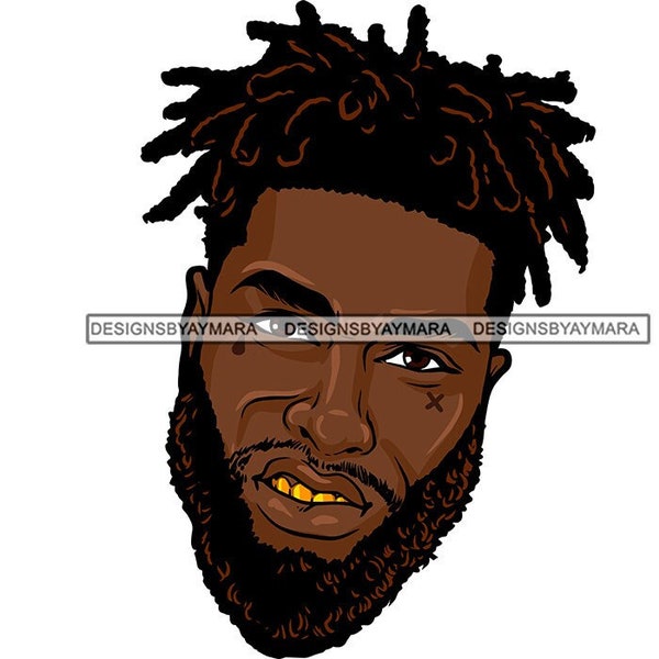 Black Man With Dreads Locs Gold Teeth Gold Grills Face Only Beard Designs Icon Art Graphic Illustration Vector SVG PNG JPG Cutting Files