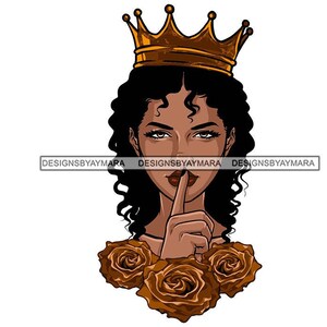 Beautiful Gold Crowned Queen Wavy Hair Gold Flowers Roses Hush Fingers Sign Icon Design Art Illustration Vector SVG PNG JPG Cutting Files