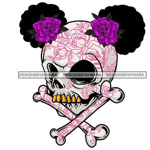 Skull Pink Design Female Afro Puff Purple Flowers Roses Bones Gold Teeth Grill Art Icon Design Illustration Vector SVG PNG JPG Cutting Files