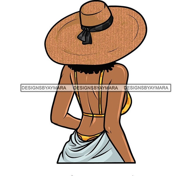 Black Woman Straw Beach Hat Gold Yellow Bikini Bathing Suit Swimwear Blue Coverall Back View Image SVG PNG JPG Cutting Designs Print Cricut