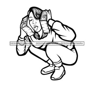 May include: A black and white line drawing of a person with long hair holding stacks of money to their ears.