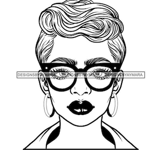 Beautiful Woman Portrait Face Short Hairstyle Fashion Glasses Dark Lips Hoops Earrings Eyebrows SVG PNG JPG Cut Cutting Designs Print Cricut