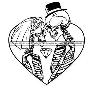 人間の骨格の愛の関係の骨のカップルの死の結婚式頭蓋骨ダイヤモンド花嫁花婿漫画イラストベクターSVGPNGJPGカットファイル