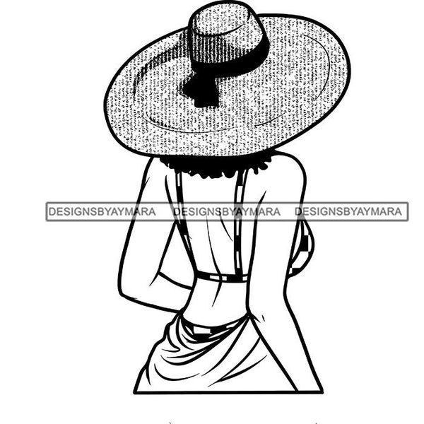 Lady Woman Beach Hat Bikini Bathing Suit Swimwear Coverall Back View Black White Outline Paint SVG PNG JPG Cutting Designs Print Cricut