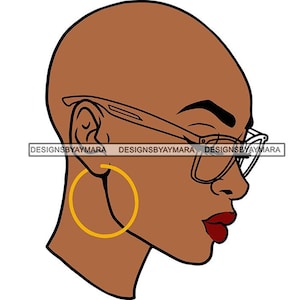 Black Woman Bald Head Gold Hoops Arched Eyebrows Eyeglasses Red Lipstick Sideview Illustration Graphic SVG JPG  PNG Cricut Cutting Designs