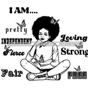 I&#39;m Pretty Loving Free Beautiful African American Teenager Young Girl Sitting Butterfly Afro Hair SVG PNG JPG Cutting Designs Print Cricut