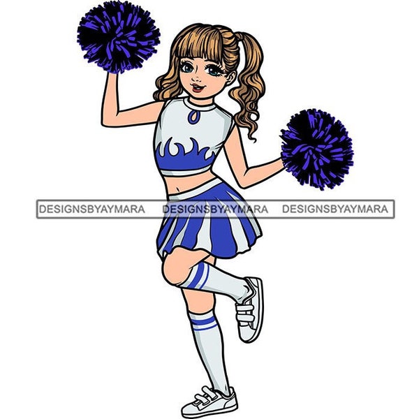 Young White Lady Cheerleader Poms Blue White Uniform Cheer Sneakers Skirt Socks Blonde Ponytail SVG PNG JPG Cricut Cutting Designs Printing