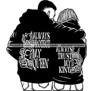 Puede incluir: Ilustración en blanco y negro de una pareja abrazándose. El hombre lleva una sudadera con capucha que dice "Always Protect My Queen" y la mujer lleva una sudadera con capucha que dice "Always Trust My King".