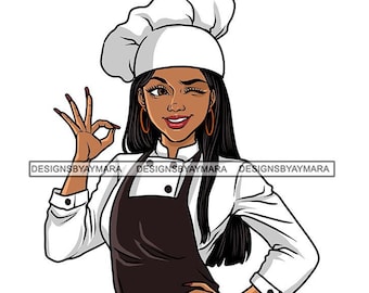 Negro Mujer Chef Uniforme Negro Delantal Trenzas Cocina Comida Cocinero Profesional Wink Sombrero Restaurante Gráfico SVG PNG JPG Cricut Diseños de Corte