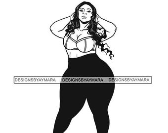 Plus Size Woman Bbw Hips Leggings Heels Long Hair Bra Proud Big Girl Posing Body Black White Graphic PNG SVG Cricut Cutting Design Printing