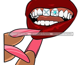 Red Lips Grill X Sapphire Jewel Teeth Dentist Denture Gums Long Pink Fingernails Tongue Diamond Gems SVG PNG JPG Cutting Design Print Cricut