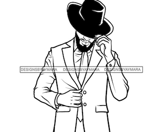 Black Man Dress Hat Beard Suit Tie Tilting Half Body Handsome Strong  Outline Illustration Graphic SVG PNG JPG Cutting Designs Print Cricut