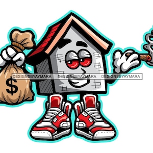 House Cartoon Character Smoking Cigar Smoke Smoker Money Bag Cash Red Eyes High Drunk SVG PNG JPG Cut Cutting Vector Designs Print Cricut