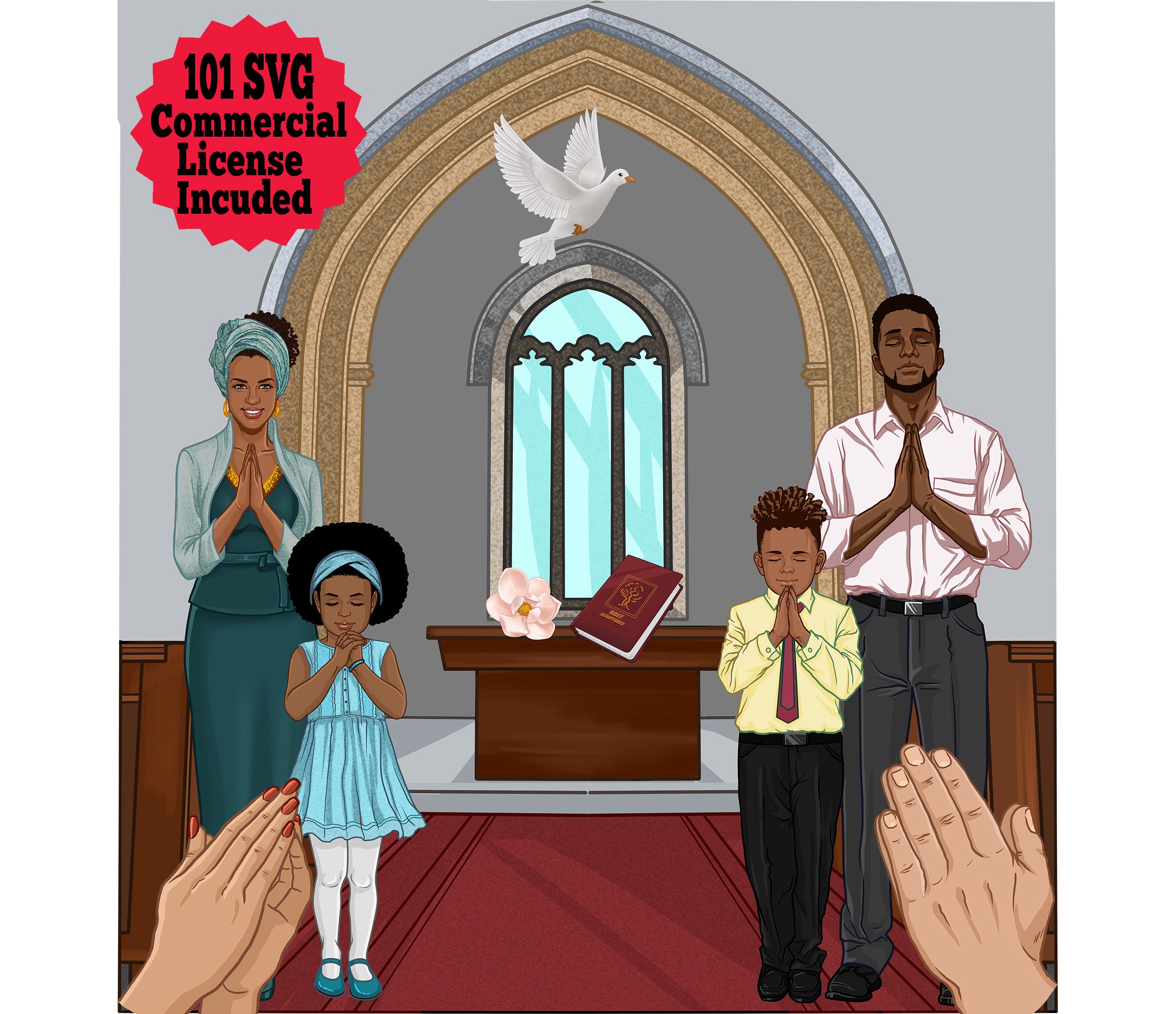 family praying in church clipart