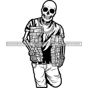 Hustler Skull Man Personagem de desenho animado carregando pilha de dinheiro Dope Cash Bank Grind Death Skeleton Tattoo SVG PNG JPG Corte Design Imprimir Cricut