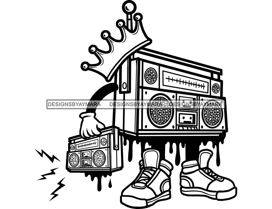 Boombox Character Cartoon Crown Sneakers Radio Music Tunes Sound Dripping Speaker  Image Graphic SVG PNG JPG Cutting Designs Print Cricut