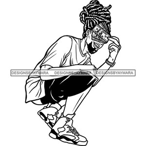 Hustler African American Black Man Squatting Position Holding Money Cash 100 Dollar Bill Locs Hair SVG PNG JPG Cutting Designs Print Cricut