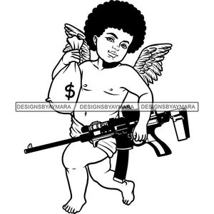 Gangster Angel Baby Boy Afro Hairstyle Carrying Riffle Money Bag Hustler Grind Wings Statue Tattoo SVG PNG JPG Cutting Designs Print Cricut
