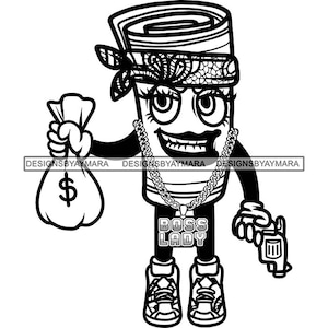 Gangster Money Rolls Female Cartoon Character Handgun Money Bag Dripping Drip Boss Lady Chain Bandana SVG PNG JPG Cut Designs Print Cricut
