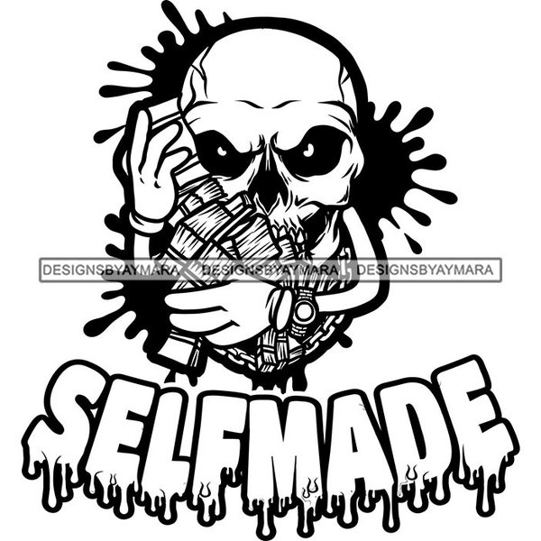 Self-Made Skull Man Cartoon Character Money Stacks Cash Bank Hustler Grinding Skeleton Death Tattoo SVG PNG JPG Cut Designs Print Cricut