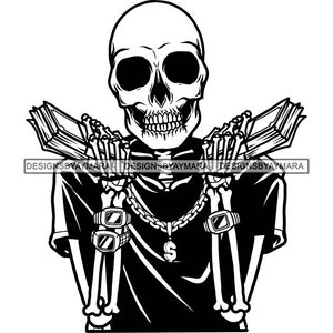 Hustler Skull Man Cartoon Character Holding Money Stack Cash Bank Dope Grind Death Skeleton Tattoo SVG PNG JPG Cutting Designs Print Cricut