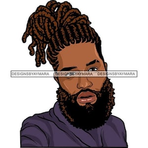 May include: A digital illustration of a man with brown skin, a short beard, and a dark brown afro hairstyle. He is wearing a purple shirt.