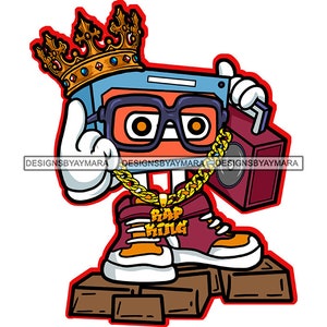 Rap King Cassette Tape Red Boom Box Character Cartoon Crown Sneakers Chain Gold Blocks  Graphic SVG PNG JPG Cutting Designs Print Cricut