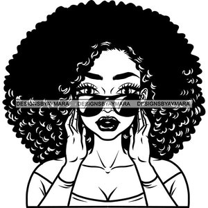 Woman Female Big Afro Sunglasses Hands Head Shoulders Big Eyes Low Cut Top Black White  Graphic SVG PNG JPG Cutting Designs Print Cricut