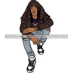 Young Black Gangster Blue Ripped Torn Jeans Brown White Sneakers Hoodie Ring Finger Locs Graphic  SVG PNG JPG Cutting Designs Print Cricut