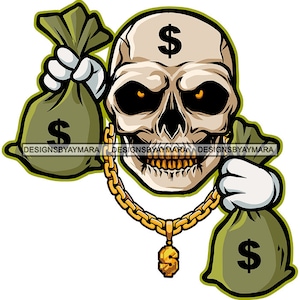 Skull Man Cartoon Character Holding Money Bags Hustler Hustle Grind Skeleton Death Tattoo SVG PNG JPG Cut Designs Print Cricut Sublimation