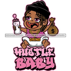 Black Hustle Baby Pink Character Carton Baby Bottle Locs Grind Chain Cap Bank Bag Fraldas Gráfico SVG PNG JPG Corte Designs Imprimir Cricut