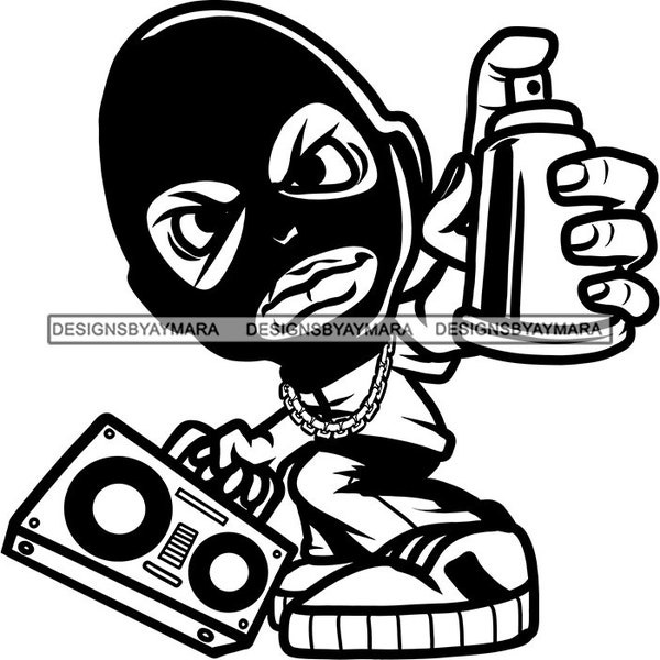 Gangster Boom Box Radio Spray Paint Can Graffiti Sneakers Chain Mask Alley Wall Black White Graphic SVG PNG JPG Cutting Designs Print Cricut