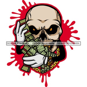 Schädel Mann Cartoon Charakter hält Geld Stapel Bargeld Bank Hustler Grind Schleifen Skelett Tod Tattoo SVG PNG JPG geschnitten Design Print Cricut