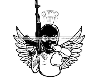 Hustler Gangster Peuter Angel Baby Boy Ski Mask Inbreker Big Riffle Money Bag Tattoo Wings Grind SVG PNG JPG Cutting Designs Print Cricut