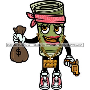 Female Gangster Money Rolls Cartoon Character Handgun Money Cash Bag Dripping Drip Boss Lady Gold Chain SVG PNG JPG Cut Designs Print Cricut