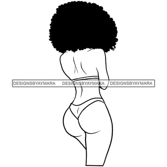 Sexy African American Woman in Thongs With Big Afro Back Facing