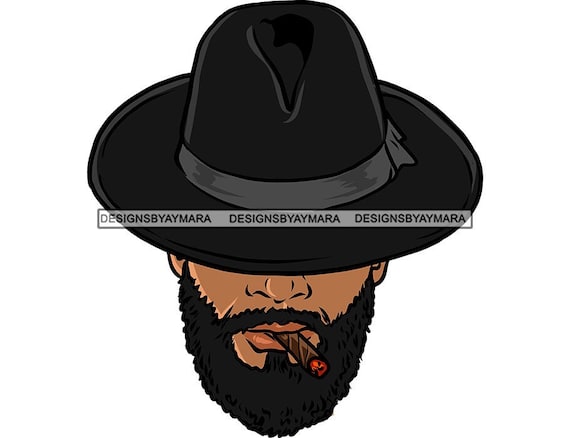 Black Male Man Black Gray Dress Hat Beard Smoking Cigar Hat Down Head Only  Illustration Graphic SVG PNG JPG Cutting Designs Print Cricut
