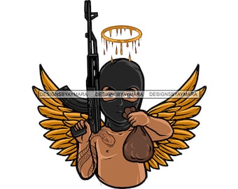 Peuter Gangster Angel Baby Boy Dragen Ski Mask Holding Riffle Money Bag Tattoo Wings Hustle Grind Bank SVG PNG JPG Cut Design Print Cricut