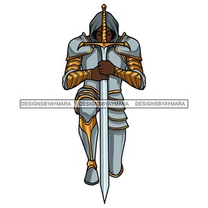 May include: A kneeling figure in silver armor with a gold trim, holding a silver sword with a gold hilt. The figure is wearing a hooded cloak.