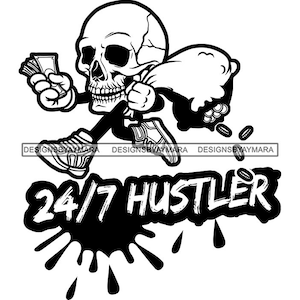 24/7 Hustler Skull Man Cartoon Character Running Money Bag Cash Bank Grind Skeleton Death Tattoo SVG PNG JPG Cutting Designs Print Cricut