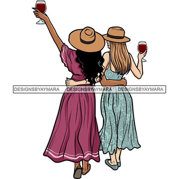 Black White Ladies Best  Friends Brides Maids Hats Long Purple Blue Dresses Slippers Red Glass Wine SVG PNG JPG Cutting Designs Print Cricut